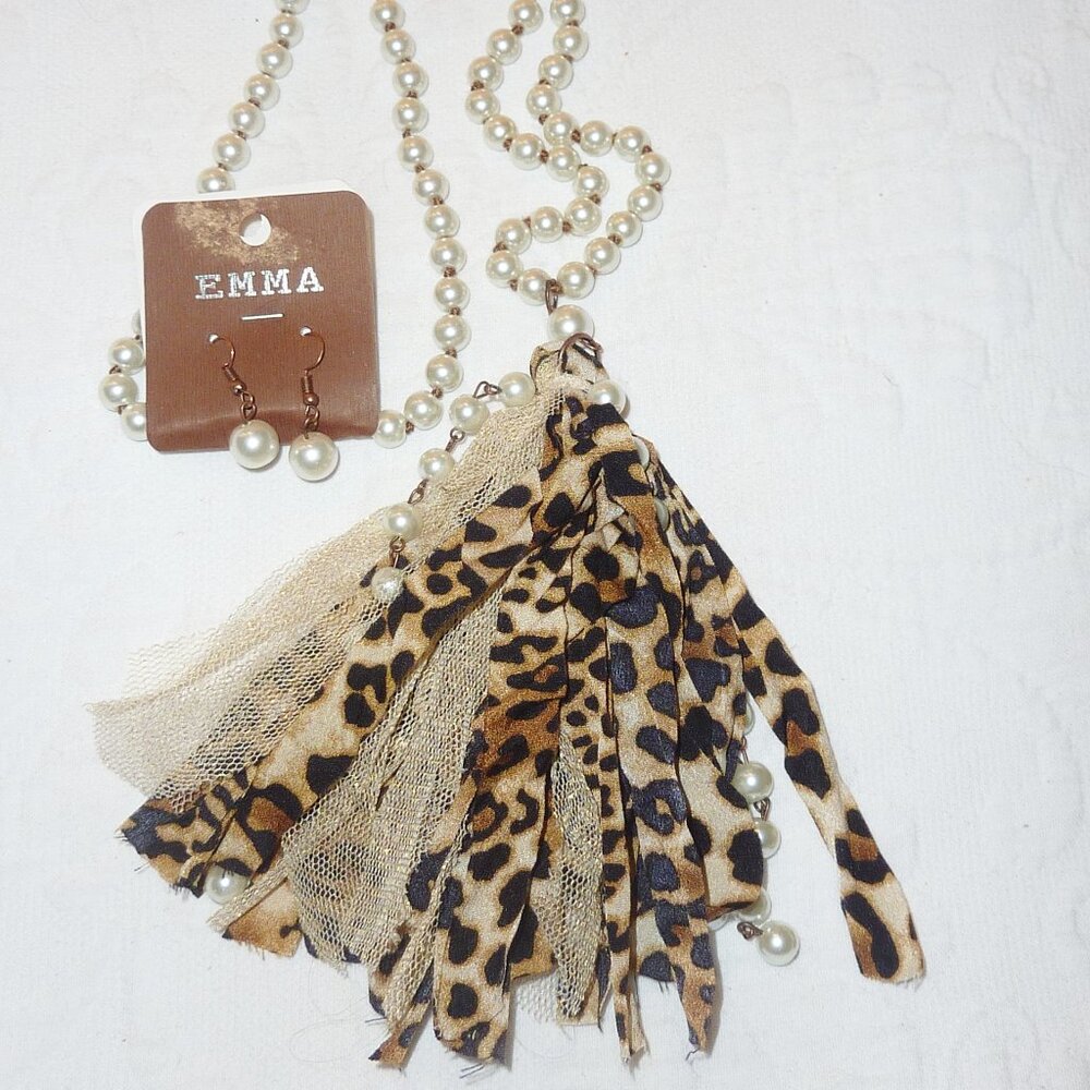 NWT Emma Long Pearl Necklace and Earring Set Leopard Accents Beautiful Set!